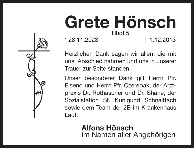  Traueranzeige für Grete Hönsch vom 10.12.2013 aus Pegnitz-Zeitung